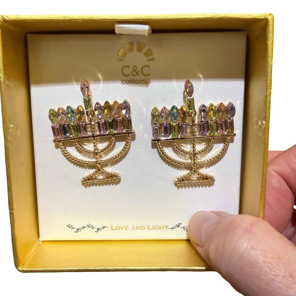 C&C California Gold-Tone Menorah Drop Earrings with multicolored crystal  NWT‎